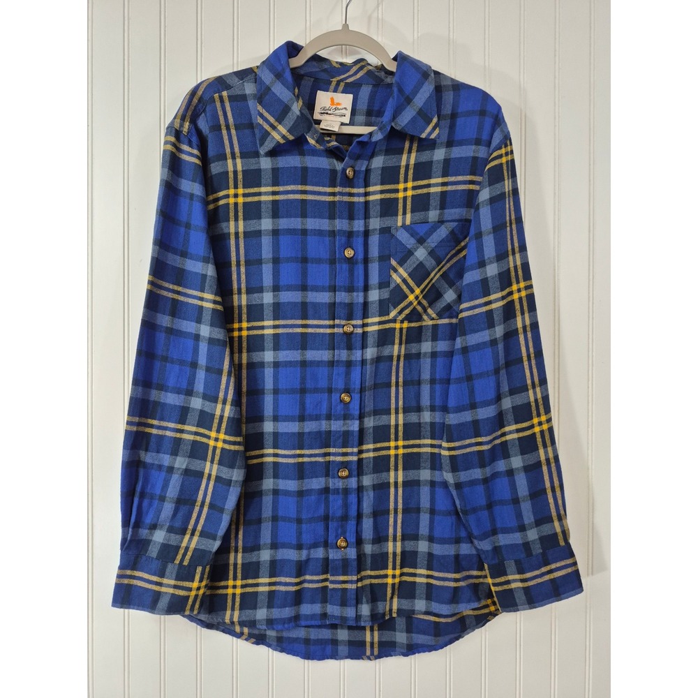 Field & Stream Men Blue Yellow Plaid Flannel Button Down Shirt Long‎ Sleeve L